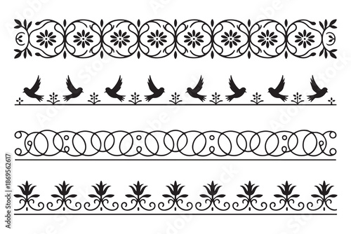Set of Four Elegant Black Floral and Ornamental Border Dividers Illustration