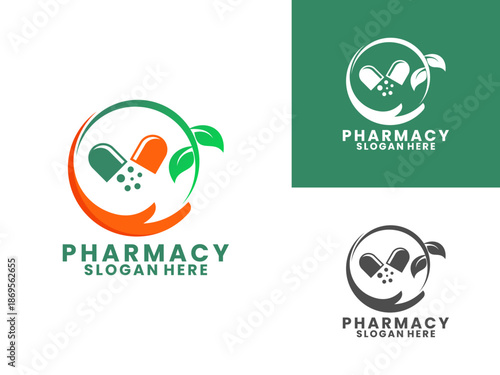 Capsule with hand and green plant logo design. Pharmacy Care logo vector template.