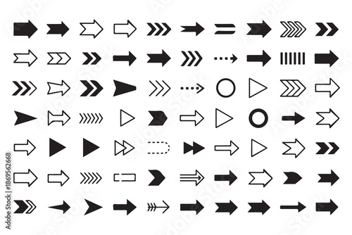 Large Collection of Black Arrow Icons in Various Styles and Directions Set