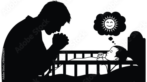 A father praying beside his child s bed radiating hopeful thoughts silhouette