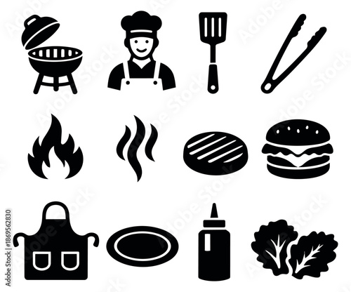 Solid icon barbecue elements set featuring a grill, chef, and food items for outdoor cooking and dining