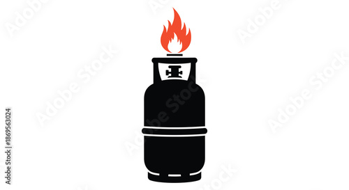 A black gas cylinder with a flame on top simple silhouette