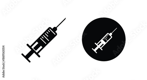 Two depictions of a medical syringe one with a circular background silhouette