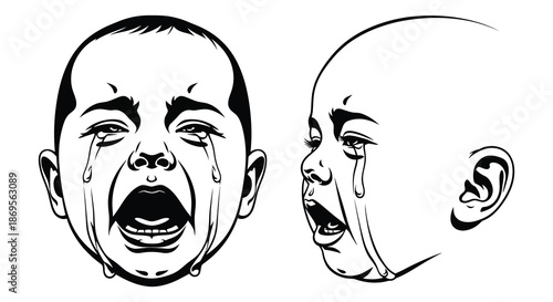 Two faces depicting intense crying and sorrow a striking silhouette