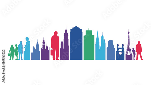 Colorful Silhouettes of City Skyscrapers and People.