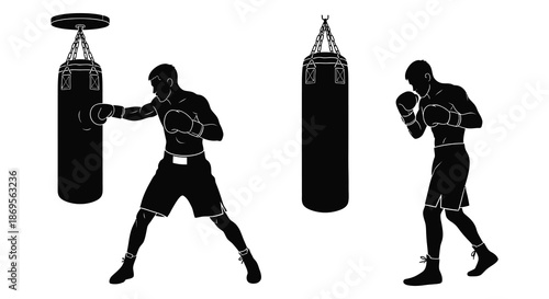 Boxer training with punching bags in a dynamic black silhouette