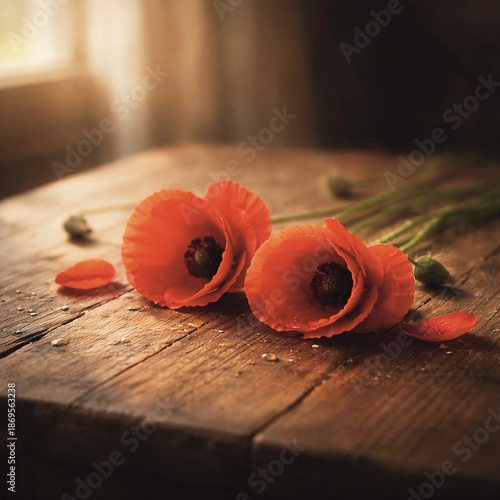  Moody still life of red poppy flowers resting on a rustic wooden table with soft warm light and shallow depth of field. Natural and nostalgic atmosphere suitable for autumn themes, botanical design, 