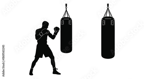 Boxer practicing his stance near two hanging punching bags silhouette
