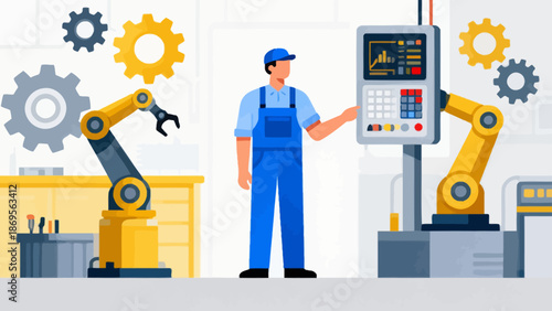 Factory worker operating robotic arms