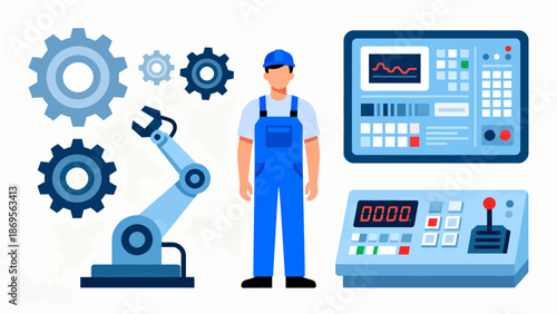 Worker with robotic arm and control panels