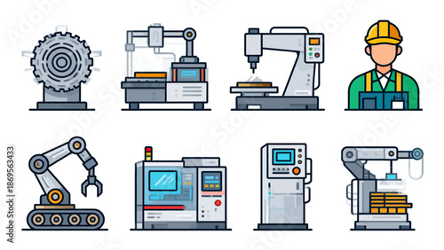 Industrial machinery and worker icons