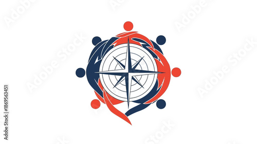 Stylized Compass with Swirling Shapes and Dots.