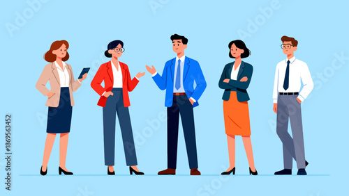 Five business people in a line