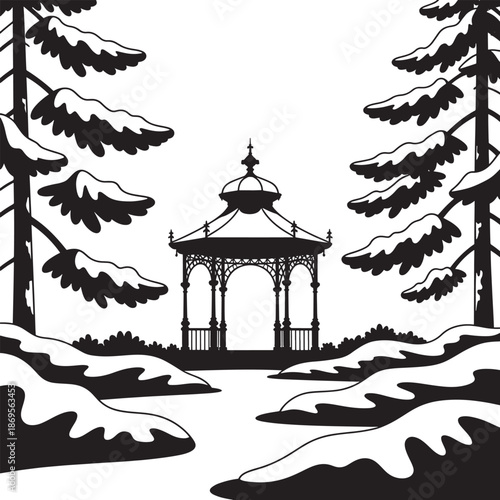 A winter scene featuring a black gazebo surrounded by snow covered trees