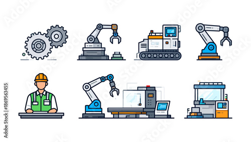 Industrial machinery and worker icons