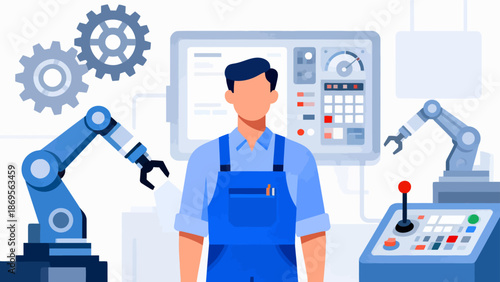 Factory worker with robotic arms