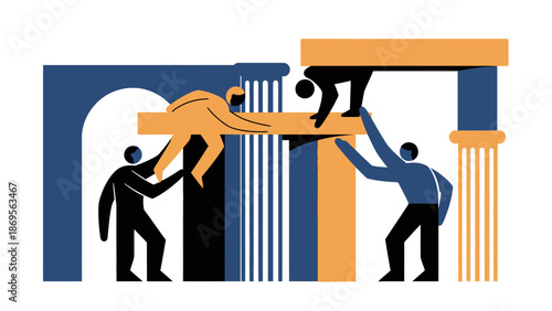 Teamwork illustration of people building structure together.