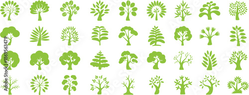 Set of green tree icons and silhouettes for ecology and nature design