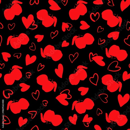 Vibrant seamless pattern featuring red apple silhouettes and hand-drawn hearts on a black background. Playful and romantic design.