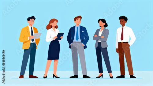 Five business professionals in formal attire