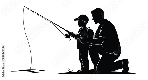 A father and son fishing together by the water s edge silhouette