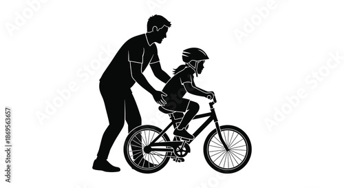 Father helping child learn to ride a bicycle black silhouette