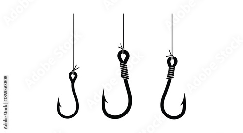 Three black fishing hooks hanging from lines a stark silhouette