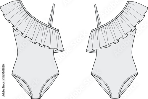 Women one shoulder ruffle bodysuit fashion flat front back view, elegant swimsuit leotard technical vector illustration