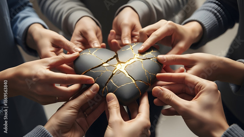 Group of diverse hands holding and helping to repair broken cracks in a black kintsugi heart with gold. Concept of friendship support, mental health recovery, healing and rebuilding a life stronger.