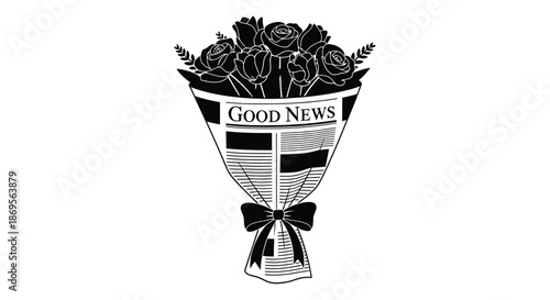 A bouquet of roses wrapped in newspaper delivering good news silhouette