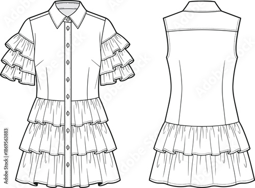 Women ruffle dress fashion flat front and back view, button down layered gown apparel pattern, feminine line vector