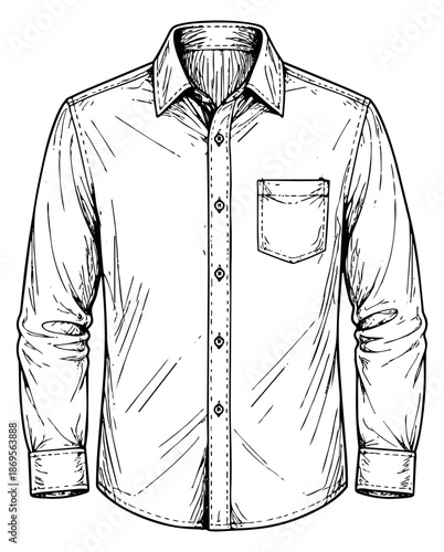 Hand drawn line art illustration of a men's dress shirt depicting classic menswear apparel for fashion design and retail