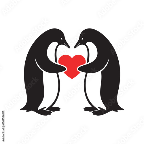 Charming graphic illustration of two adorable penguins lovingly holding a bright red heart, symbolizing deep affection, strong partnership, and the joy of togetherness