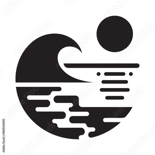 Minimalist ocean wave and sun graphic in a simple black and white design