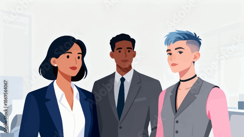 Three professionally dressed animated characters