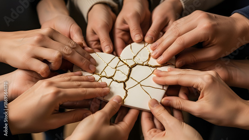 Group of hands holding and helping to repair broken cracks in a white kintsugi heart with gold. Concept of friendship support, mental health recovery, healing and rebuilding a life stronger.