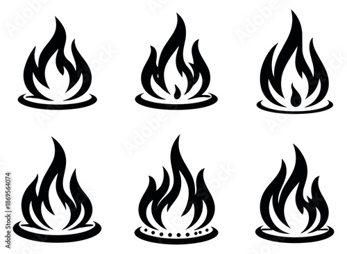 Stylized fire icons set featuring various flame shapes for energy and cooking concepts