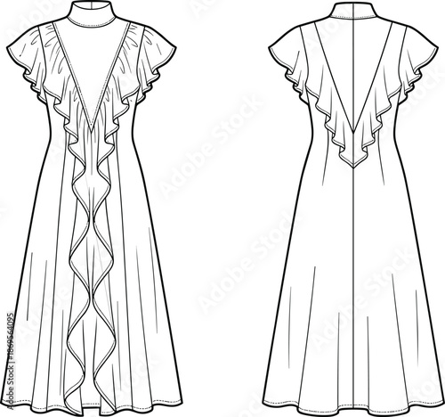 Women elegant long dress fashion flat front and back view, ruffle neckline formal gown apparel line vector