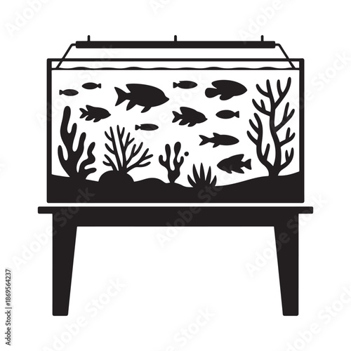 A simple black silhouette of an aquarium with fish and plants