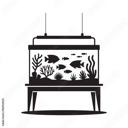 A simple black and white illustration of a fish tank with aquatic life