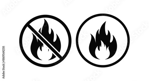 Two circular signs depicting fire one prohibited in black silhouette