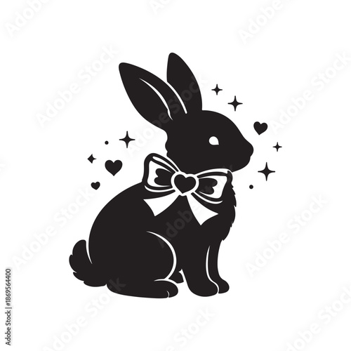 Charming Silhouette of a Cute Bunny Rabbit with a Heart-Shaped Bow and Twinkling Stars