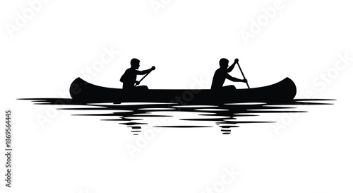 Two people paddling a canoe on water a striking black silhouette