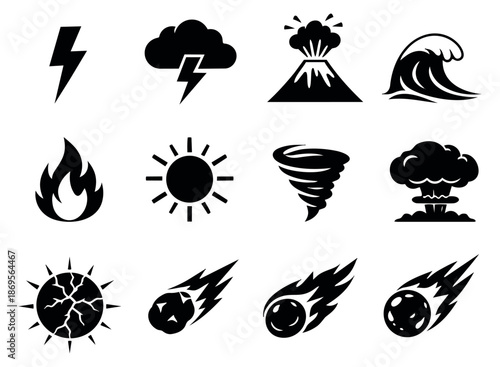 Black silhouette icon set featuring natural disasters, weather, and space objects for environmental awareness