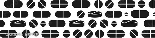 Seamless pattern of black and white medicine pills capsules and tablets for healthcare medical and pharmaceutical industry concepts.