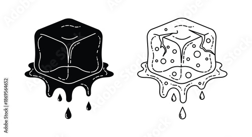 Two hexagonal ice cube illustrations one solid and one melting silhouette