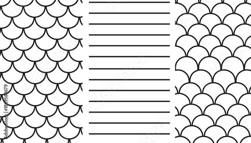 Set of black and white minimalist geometric patterns featuring fish scales and horizontal parallel lines for background designs.