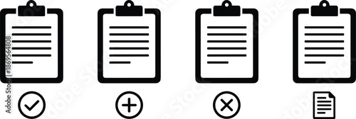 Set of black clipboard icons with check mark plus and cross symbols for document management and task tracking.