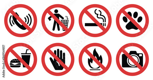 Prohibited icon collection showing no cell phones, littering, smoking, pets, eating and drinking, do not touch, no fire and no photography, clean flat vector style suitable for public signage, 