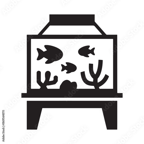 Simple black and white illustration of a fish tank with aquatic life